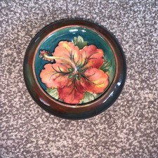Vintage Moorcroft Inverted Rim Dish. Hibiscus Pattern green and brown flambé 
