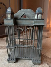 Victorian Handcrafted Vintage Wood Bird Cage 14x8 & Metal Bird Decor Green