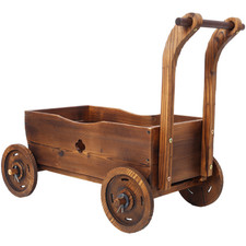 Wooden Wagon Planter Box, Mobile Garden Planter With 4 Wheels, Handle, Drain Hol