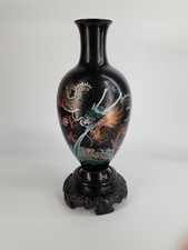 1958 Antique China Vase Wooden Lacquer Hand Painted Dragon Vintage