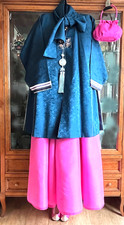 M-L Traditional Korean Hanbok Dress Durumagi Coat & Silk Scarf Set Deep Navy