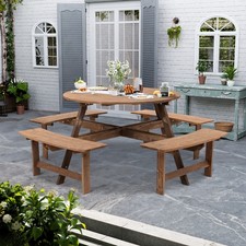 6 8 Person Round Wooden Pub Bench Patio Picnic Table Set for Outdoor Garden