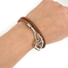AUTH NEW VINTAGE HERMES JUMBO DOUBLE TOUR TAN LEATHER SILVER TONE METAL BRACELET