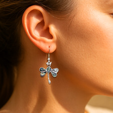 Mexican Abalone Shell Dragonfly Earrings Handmade Silver Plated Inlay