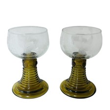 Vintage Hock Wine Glass x2 Glasses Olive Green Beehive Stem Grapevine Etched