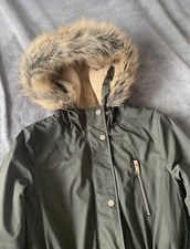 Primark parka khaki dark green coat with faux fur hood UK 8