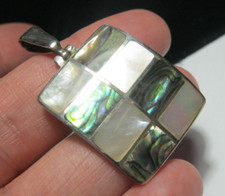 Vintage STERLING SILVER Abalone Mother of Pearl PENDANT, Inlay
