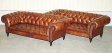 PAIR OF GEORGE SMITH EARLY VICTORIAN BROWN LEATHER CHESTERFIELD TUFTED SOFAS