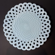 Lovely Antique Sowerby Blue Milk Glass Pierced Basket Weave Plate Dish - Chipped