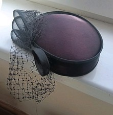 Stunning Vintage 1980’s Pill Box hat aubergine colour with black bow and net 