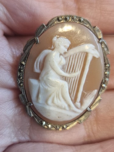 Silver marcasite cameo brooch - silver,