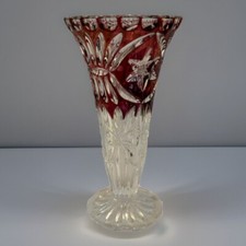 Hofbauer Star Flower Vase Ruby Red & Clear Glass Cased 24% Crystal 6.75” Germany