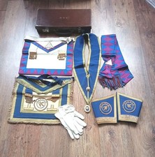 Vtg Masonic Regalia Durham Collar/Cuffs, Two Aprons, Gloves, Sash, Leather Case 