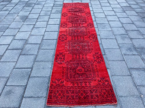 Red turkish vintage runner rug - red,