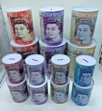 Pound Notes £ Design Money Coin Box Tin Savings Kids Cash Piggy Bank Charity UK 