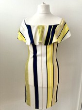 Vera & Lucy Size L Navy Blue Yellow Dress On Off Shoulder Ruffle Neckline BNWT
