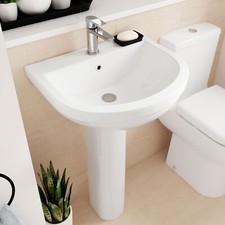 Bathroom 550mm Wash Basin & Full Pedestal White 1 Tap Hole Round Modern Sink