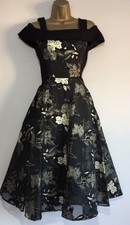 GORGEOUS COAST  BLACK GOLD JACQUARD  FIT  & FLARE OCCASION MIDI DRESS SIZE 12