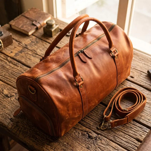 Handmade leather duffel bag - handmade,