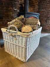 Rectangular Grey-wash Wicker Log Fireside Storage Basket with Hessian Liner