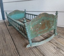 Antique Victorian Doll Cradle in Original Blue Paint w/Stencil Decoration
