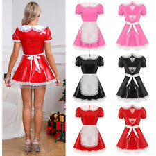 UK Women French Maid Cosplay Outfits Shiny PVC Leather Dress with Apron Clubwear