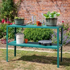 Green Metal 2 Tier Greenhouse Staging Steel Solid Top Garden Work Bench 119cm
