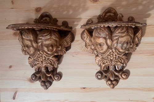 Pair cast iron cherub angel - iron,