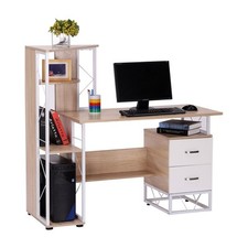Workstation Computer Writing Desk with 2 Drawers Multi-Shelves-Oak/White