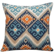 Printed Navajo Kilim Style Cushion. Teal Blue & Orange Abstract Geometric.