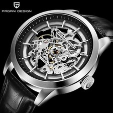 PAGANI DESIGN Automatic Men's Watch Leather Strap Skeleton Dial 43mm Glass Back