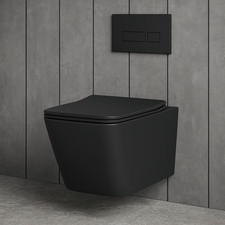 Modern Matt Black Square Wall Hung Toilet Pan Rimless-Soft Close Seat-520mm