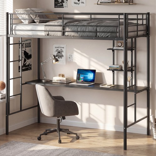Metal loft bed with built - bed, built-in