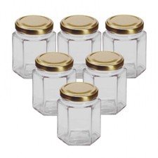 Glass Hexagonal Jars 12oz 250ml With Gold Lids - Pack Of 6 - Jam Pickles