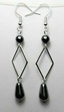 Dangle earrings - Natural Hematite teardrop, diamond frame, 65mm long