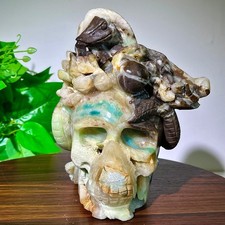 5.18LB Natural green pine blue hand carved skull for spiritual healing