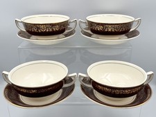 4x Crownford Burslem Cream Soup Bowl Sets • Twin Handles • Maroon & Gold . 1950s