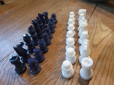 Vintage Italian CHESS SET blue marble white alabaster complete 32 piece no board