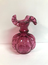 Vintage Fenton Cranberry Glass Beaded Melon Vase Crimped Ruffled Rim