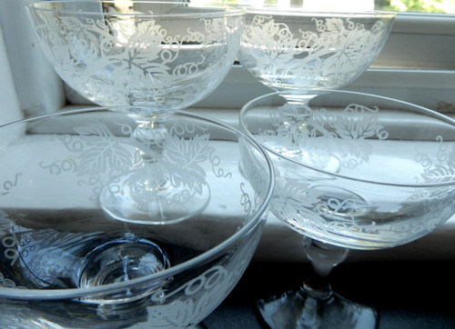 Pair glass champagne coupes - champagne,