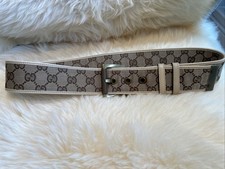 Gucci Vintage Women's Beige Canvas Logo Print Belt Gold Hardware Size 85/34 CM