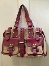 Women Mulberry Roxanne Handbag Brown Cotton Red Leather Trimmings and Detail