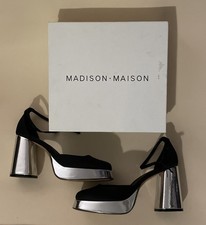 Madison Maison Chrome/Silver & Black Heels Sz 41 Made In Italy