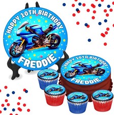 Blue Motorbike PERSONALISED Edible Cake Cupcake Toppers Birthday Party Bike Boy