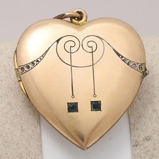 Antique Art Nouveau Jugendstil Gold Filled Blue Paste Large Puffy Heart Locket