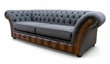 3 Seater Fabric With Tan Real Leather Chesterfield Belmont Sofa Couch