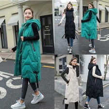 WOMENS LADIES LONG LINE HOODED PUFFER GILET JACKET PADDED VEST BODY WARMER TOP