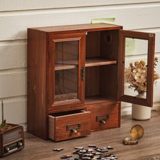 Desktop Wooden Storage Drawer Cabinet Small Cupboard Display Shelf w/ Glass Door