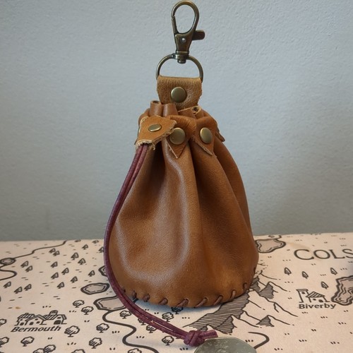 Drawstring real leather - leather, pouch