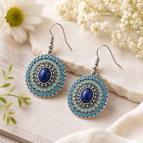 Round boho drop earrings blue - earrings,